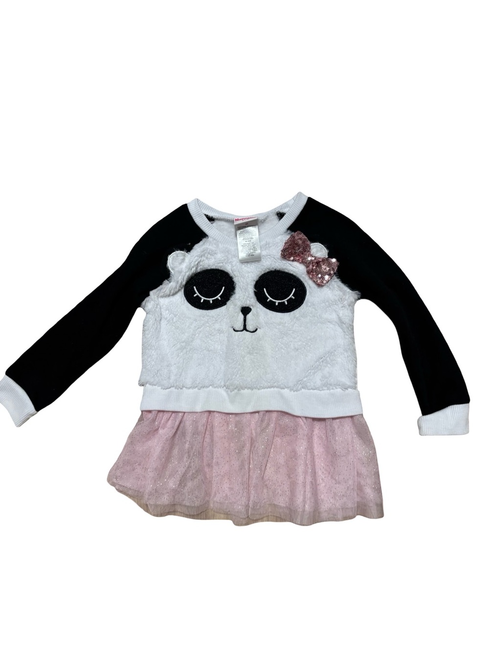 Nannette Girl’s White Fuzzy Fun Panda Sweatshirt and Pink Sequins Bow Size 4T